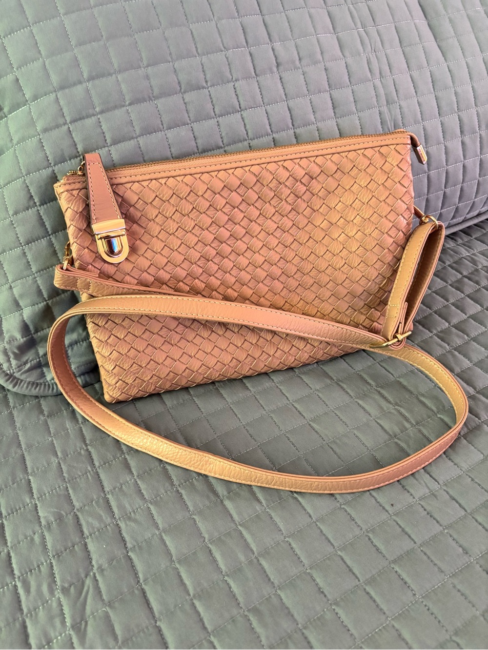 Woven Vegan Leather Crossbody Shoulder Bag - Tan